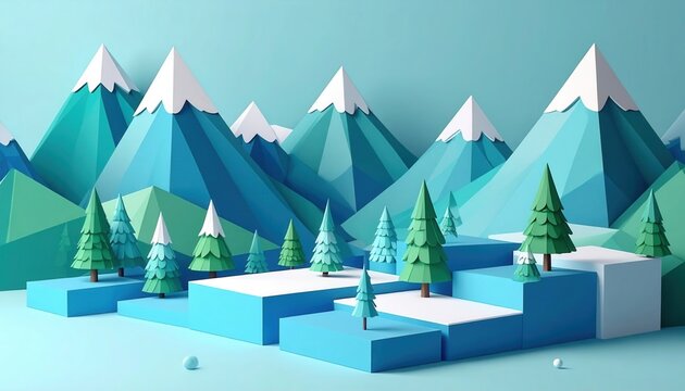 Abstrakte geometrische Winterlandschaft mit stilisierten Bergen und B&auml;umen in k&uuml;hlen Farben.