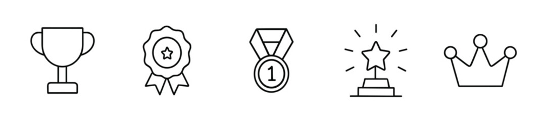 Fototapeta premium Award Icon Set, Trophy Medal Crown, Winner Achievement Success Line Vector Icons
