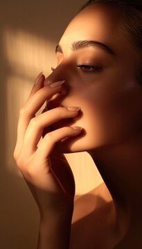 A close-up portrait of a woman with soft lighting, highlighting her contemplative expression and delicate hand placement near her face.
