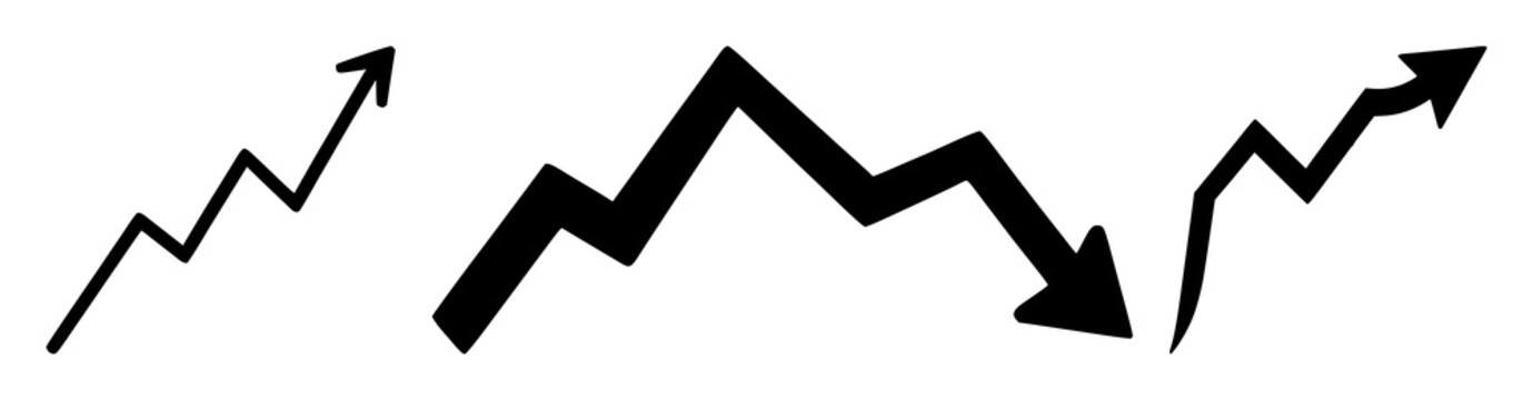 Market trend chart icon set with a solid black arrow pointing downward on white background featuring finance, analytics, investment with clean and minimalist design