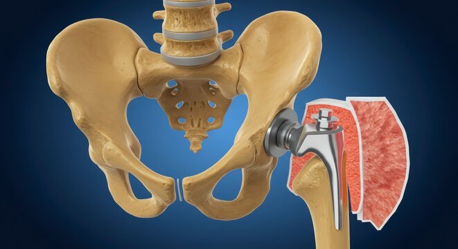 Hip replacement surgery medical illustration.
