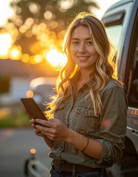 Smiling young woman standing by her car using smartphone during golden hour, warm sunlight creating soft bokeh and lifestyle outdoor atmosphere.