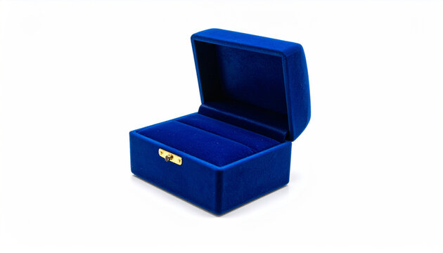 Open blue velvet jewelry box with gold clasp on a white background