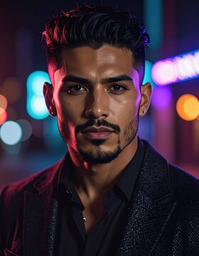 A well-groomed man with styled hair and a beard poses confidently in a dark, textured blazer against a vibrant, colorful bokeh background.