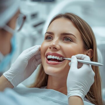 A smiling woman receives a dental checkup, as a dentist in gloves examines her teeth using dental tools in a clinical setting.