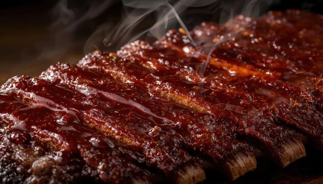 Close-up of steaming, glazed barbecue ribs with rich, sticky sauce, showcasing a delicious, smoky texture and mouthwatering appeal.