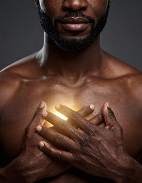 A shirtless man with dark skin places his hands over his heart, glowing with a warm golden light against a dark background.