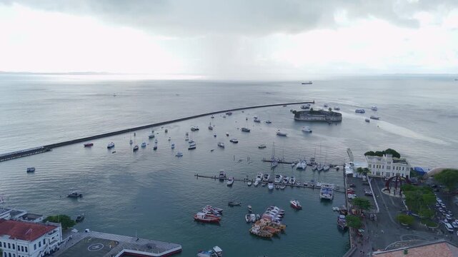 Drone view of the Nautical Terminal and the historic Forte de S&atilde;o Marcelo in All Saints Bay.