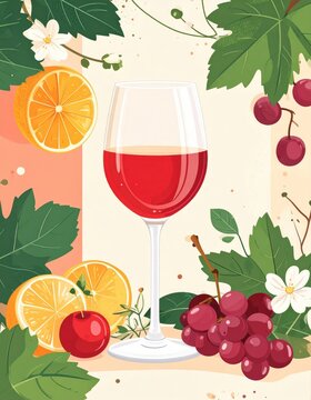 A glass of red wine surrounded by grapes, cherries, orange slices, and green leaves in a colorful, artistic arrangement.