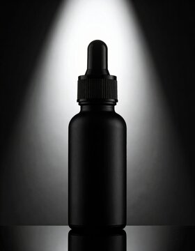 A black dropper bottle illuminated by a spotlight against a dark background, highlighting its sleek and minimalist design.