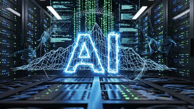 Glowing ai text logo floating inside a high tech futuristic server room data center 4k video