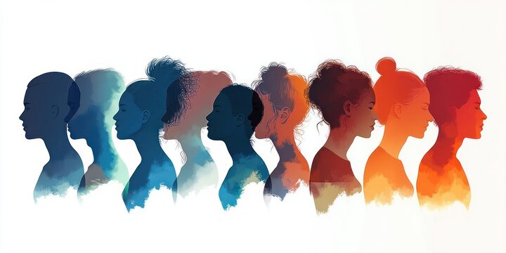 row of profile silhouettes with varied hairstyles filled with blue to orange watercolor textures evoking transition, introspection and contemplative mood