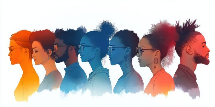 Seven diverse profile portraits with varied hairstyles and earrings in warm orange and cool blue gradients, overlapping row evoking calm contemplative unity