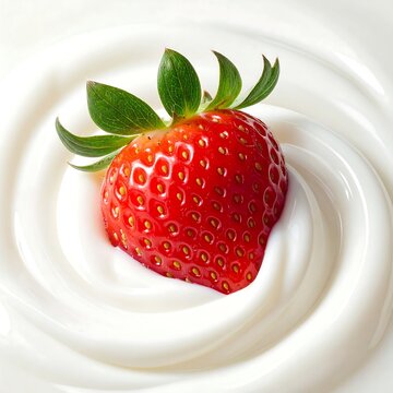 A ripe strawberry on swirled white creamy yogurt