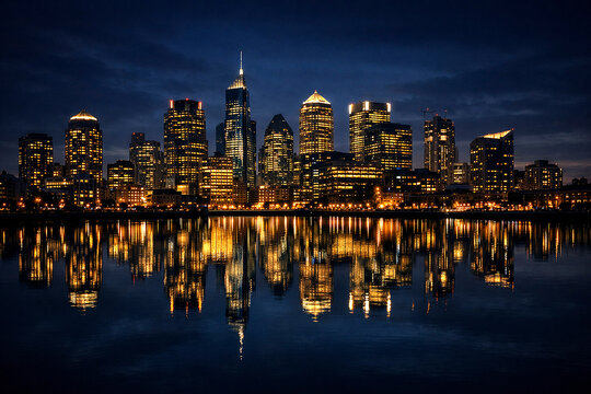 Skyline nocturno dram&aacute;tico de distrito financiero global con rascacielos reflejados en r&iacute;o y luces doradas