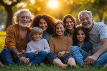 Fototapeta premium multigenerational family sitting closely on grass in a sunlit park at golden hour, sharing warm joyful relaxed togetherness and bonding