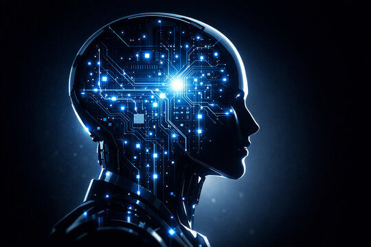Silueta abstracta de perfil de cabeza humanoide rob&oacute;tica con circuitos luminosos azules y blancos