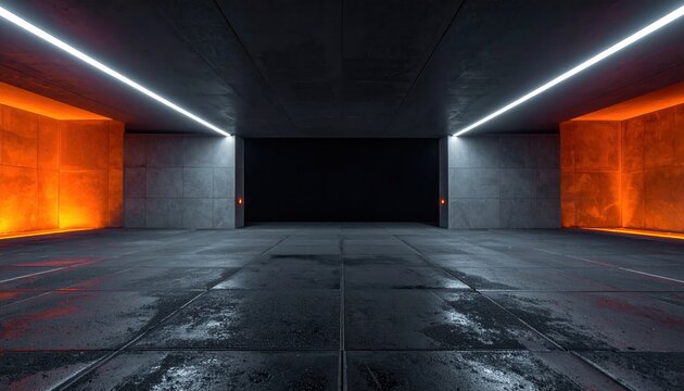Futuristischer leerer Betonraum mit leuchtenden Neonstreifen und orangefarbenen Seitenw&auml;nden, der eine moderne und technologische Atmosph&auml;re schafft.