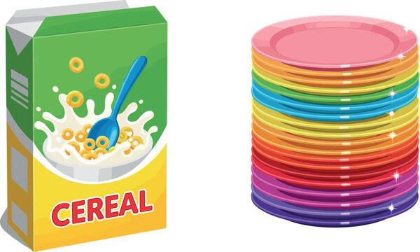 Colorful Cereal Box and Stack of Plates Vector Set for Kitchen, Food, and Household Illustrations
