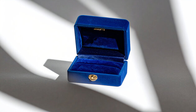 Open blue velvet ring box with dramatic light and shadow on white surface