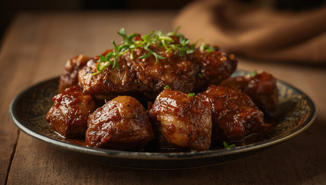 Glazed roasted chicken pieces with fresh thyme garnish and warm brown tones