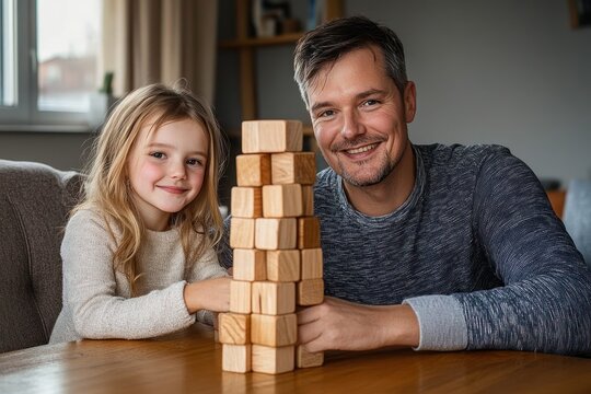 adult and child building tall wooden block tower on table in cozy living room, focused and engaged in playful bonding