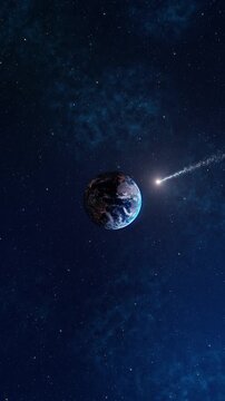 Burning Meteor flying planet earth, planet potential asteroid threat outer space zoom, Asteroid Meteor Comet strike Earth causing apocalypse , earth destruction Cinematic vision world outer space view