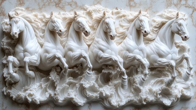 seven majestic galloping horses carved relief emerging from swirling waves, dynamic powerful motion and flowing manes