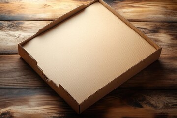 Fototapeta premium empty corrugated cardboard pizza box on a wooden table with warm lighting evoking rustic simplicity and quiet anticipation