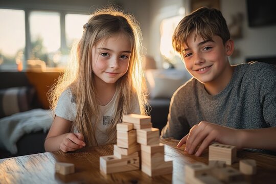 Two children playing with wooden blocks on a sunlit table, focused and playful in a cozy living room