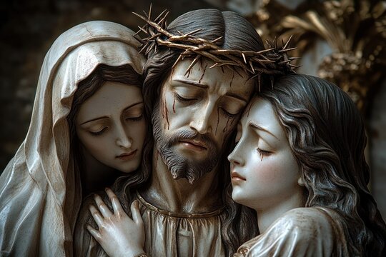 Three closely grouped carved figures with a central figure wearing a crown of thorns flanked by two veiled figures, hands touching, conveying sorrow and tenderness
