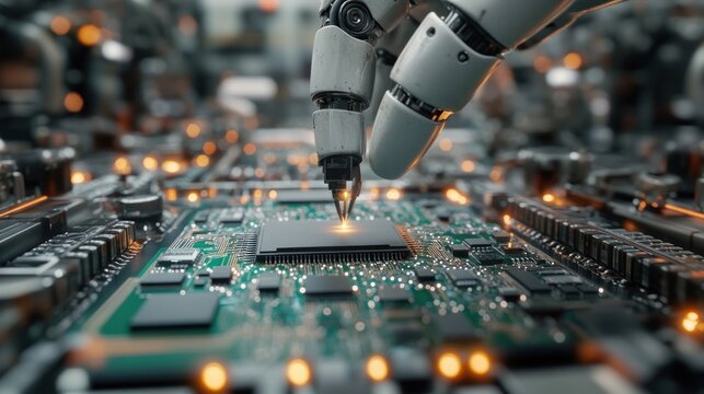 Robotic manipulator delicately soldering a microchip onto a glowing circuit board, conveying precision and a focused futuristic atmosphere