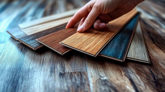 Hand selecting fanned wood and laminate flooring samples on a textured wooden floor, thoughtful renovation choice