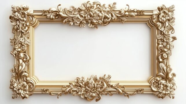ornate gilded rectangular decorative frame with carved floral motifs, scrollwork and corner embellishments on a blank background evoking elegance and opulence