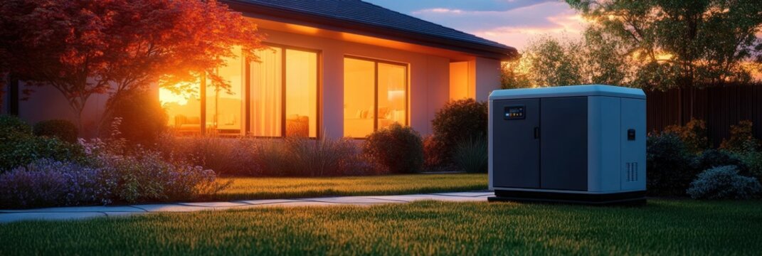 Modern suburban house exterior at sunset with glowing windows, landscaped garden and standby generator on a manicured lawn conveying warmth and security