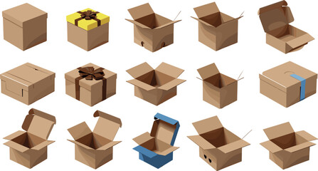 Fototapeta premium Cardboard Box Vector Set Featuring Different Styles and Designs for Packaging, Shipping, and Gift Wrapping Illustrations
