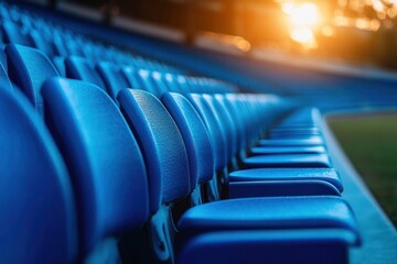 Fototapeta premium empty blue stadium seats in repeating rows at sunset, bathed in warm light with a quiet, anticipatory mood