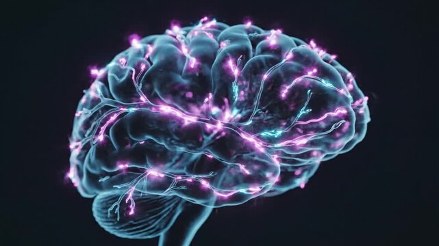 Neurons transmitting signals in a human brain with glowing pink connections