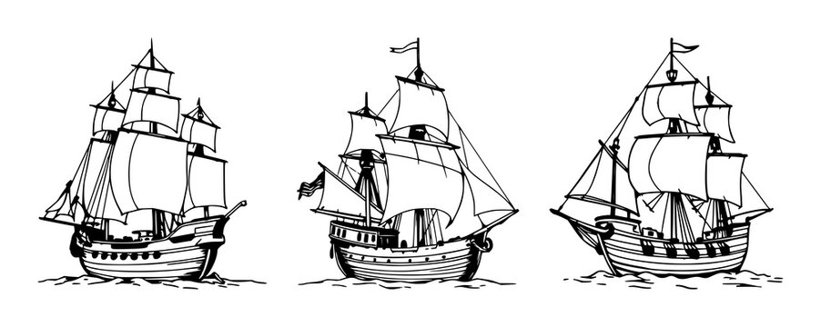 Vintage sailing ship set with sketchy black line art design featuring a galleon, full sails, mast with rigging and historical vessel