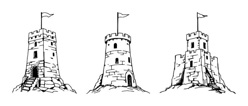 Stone castle tower set with hand‑drawn sketchy line art depicting a single stone tower on white background, tiny flag at the peak, featuring medieval architecture, stone texture,