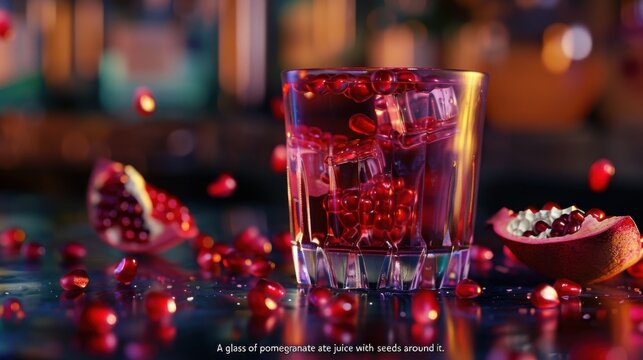 A glass of pomegranate ale juice with ice and seeds on a bar counter
