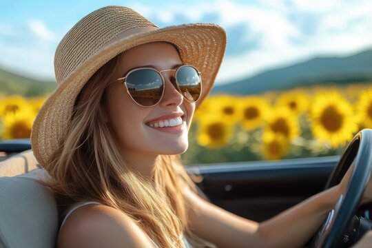 carefree woman in straw hat driving a convertible past a vibrant sunflower field on a sunny summer day