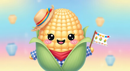 Fototapeta premium Cute corn character holding flag festa junina pastel background
