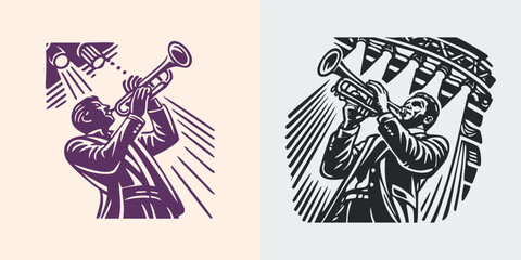 Trumpet Player Jazz Musician Performance Linocut Art © Quivr