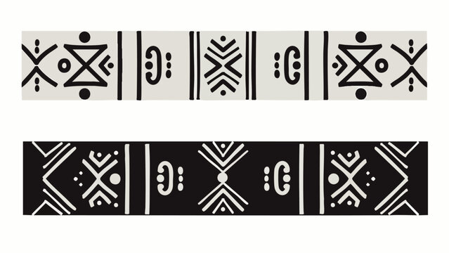 Abstract black and white tribal geometric seamless pattern borders, ethnic decorative design elements, traditional African textile art graphics, modern.