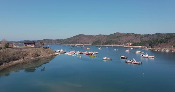 Aerial Drone Footage of Peaceful Ocheon Port and Chungcheong Suyeongseong Fortress, Boryeong, South Korea