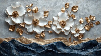 Fototapeta premium Serene elegant relief of large white flowers with gold leaves above textured blue waves on a gray background