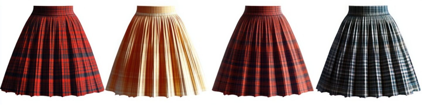 Four pleated plaid skirts in red, beige, orange and blue arranged side by side on white background, conveying a classic playful and stylish mood