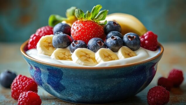 Inviting bowl of creamy yogurt topped with banana slices, plump blueberries, a ripe strawberry and raspberries in a blue ceramic bowl, fresh and vibrant breakfast scene
