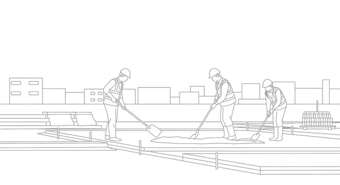 Construction Workers Leveling Concrete Foundation on Building Site Line Art Vector Illustration